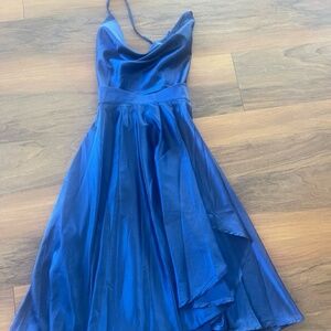 Cowl neck strap midnight navy blue asymmetrical midi dress Showpo